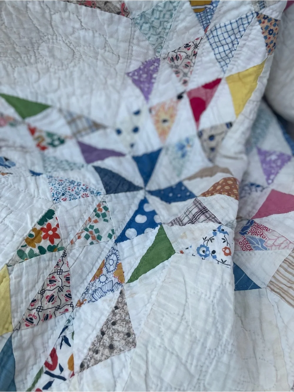 Vintage Feedsack Ocean Wave Quilt Hand Quilted 82x70 Cottage Farmhouse
